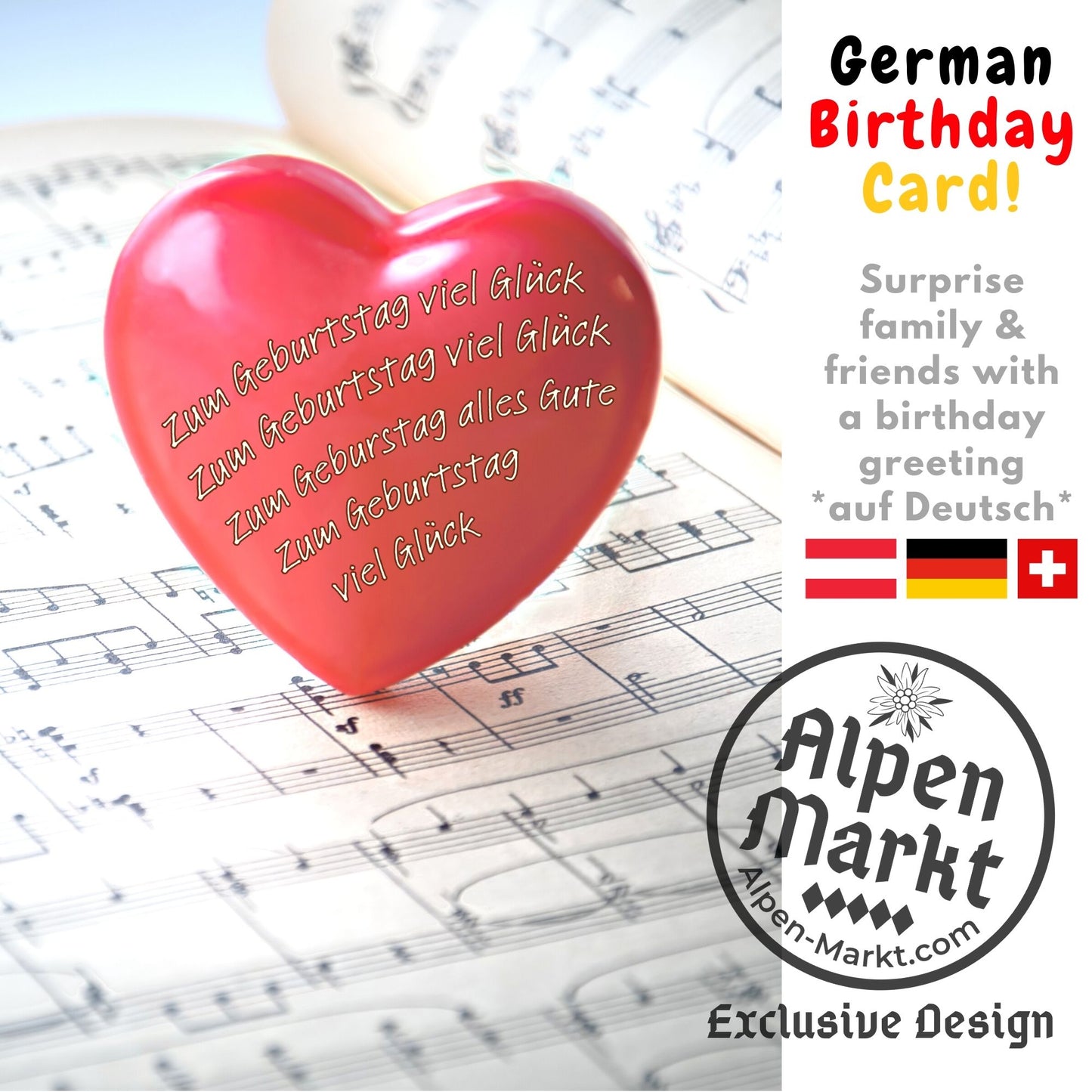 German Birthday Song on a Red Heart "Geburtstag" Greeting Card