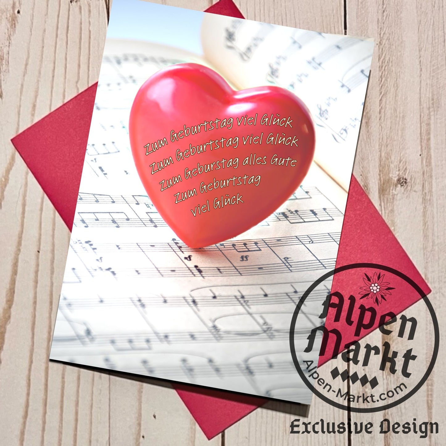 German Birthday Song on a Red Heart "Geburtstag" Greeting Card