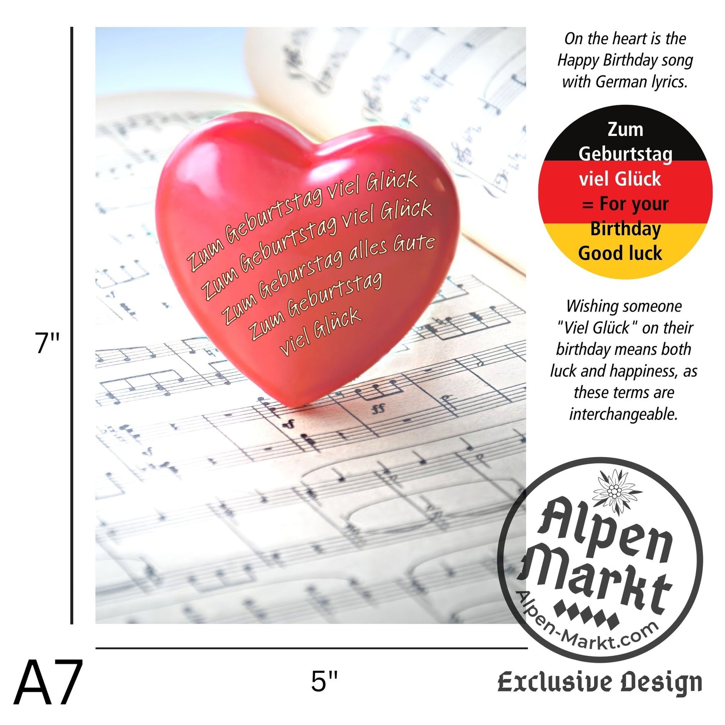 German Birthday Song on a Red Heart "Geburtstag" Greeting Card