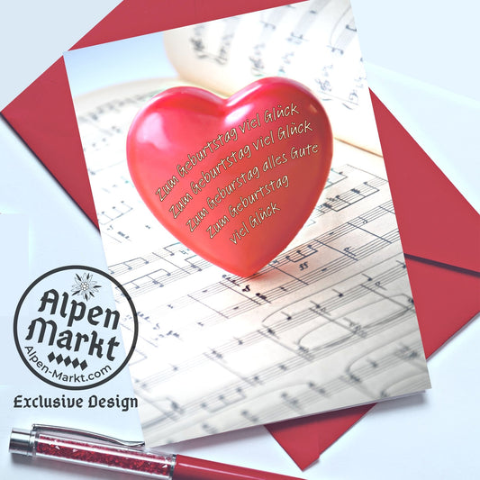 German Birthday Song on a Red Heart "Geburtstag" Greeting Card