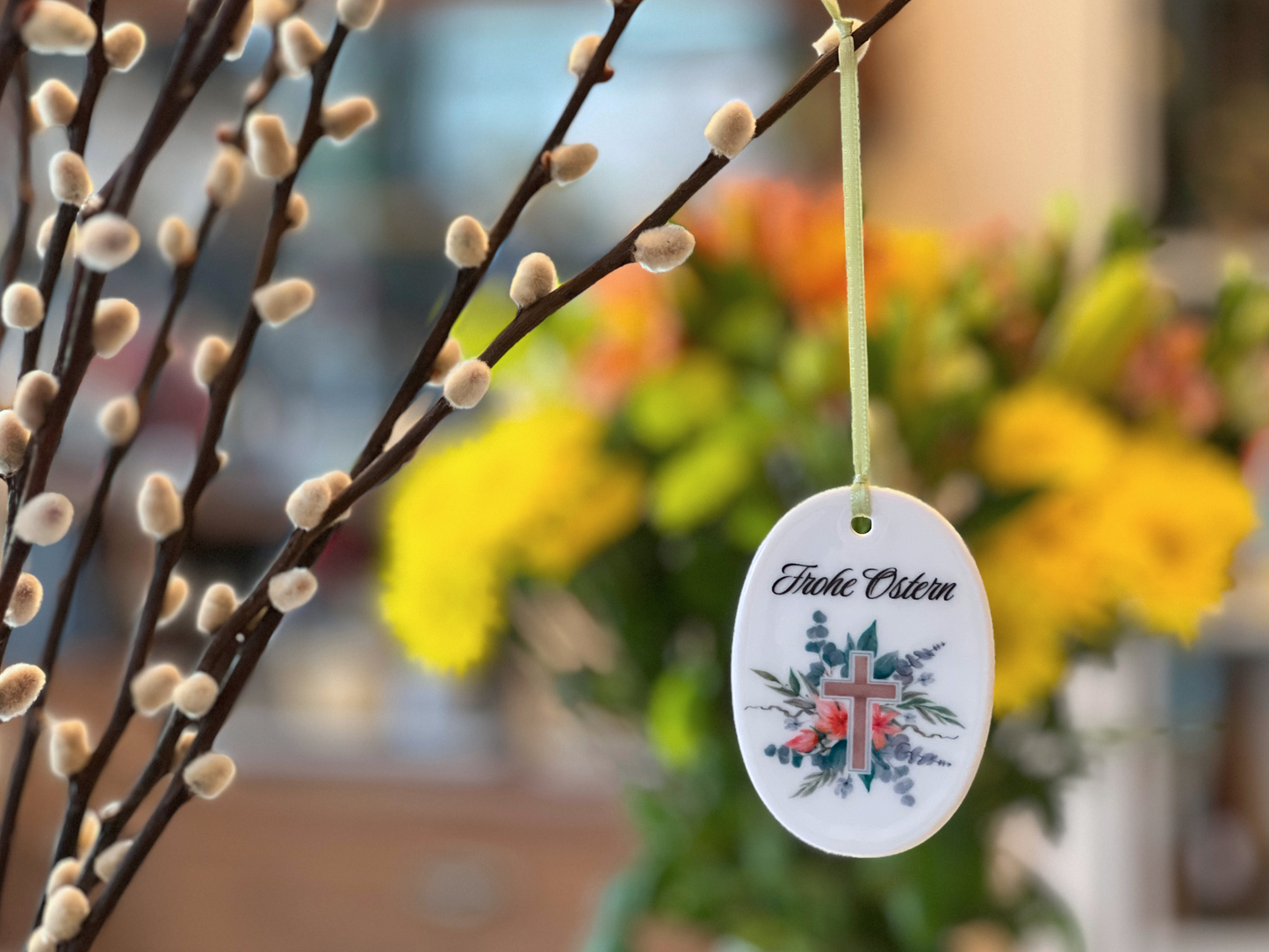 German Ceramic Easter Ornament with Religious Cross – Frohe Ostern