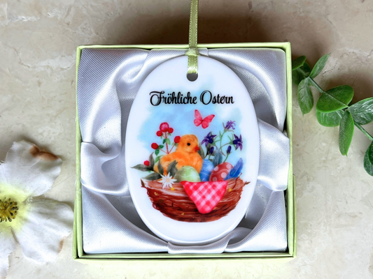 German Ceramic Easter Ornament with Chick in Basket – Fröhliche Ostern