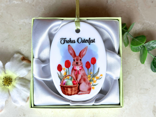 German Ceramic Easter Ornament with Bunny & Basket – Frohes Osterfest