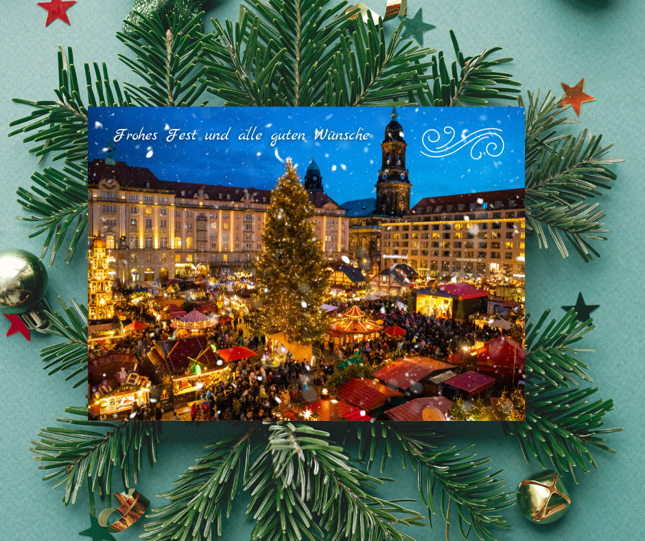 German Christmas Card - Frohes Fest und all gute Wünsche Happy Holidays and good wishes at the Xmas market