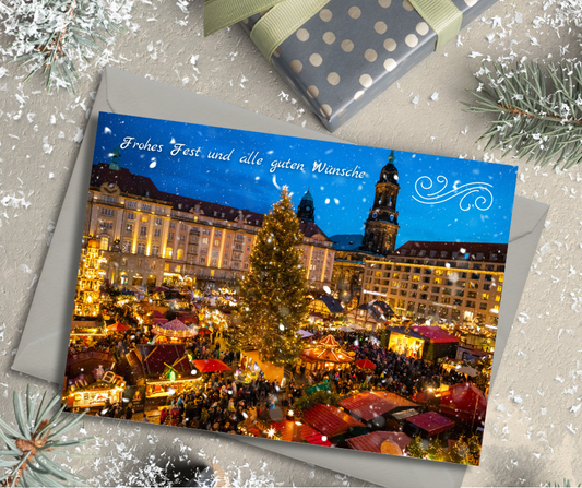 German Christmas Card - Frohes Fest und all gute Wünsche Happy Holidays and good wishes at the Xmas market