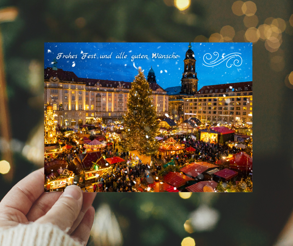 German Christmas Card - Frohes Fest und all gute Wünsche Happy Holidays and good wishes at the Xmas market