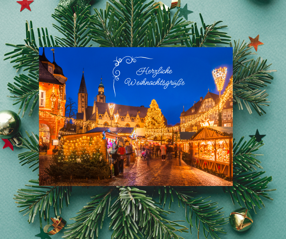 German Christmas Card - herzliche Weihnachtsgrüße Warm Christmas greetings at the Xmas market