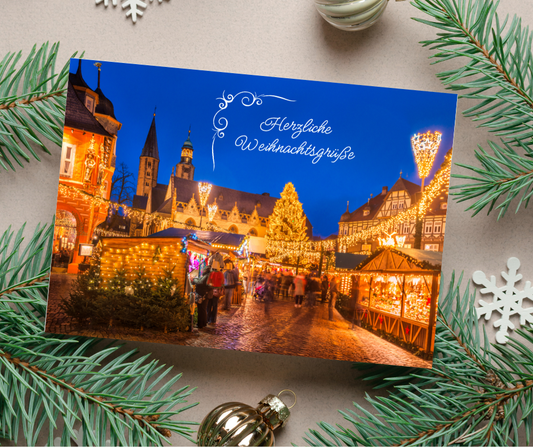 German Christmas Card - herzliche Weihnachtsgrüße Warm Christmas greetings at the Xmas market
