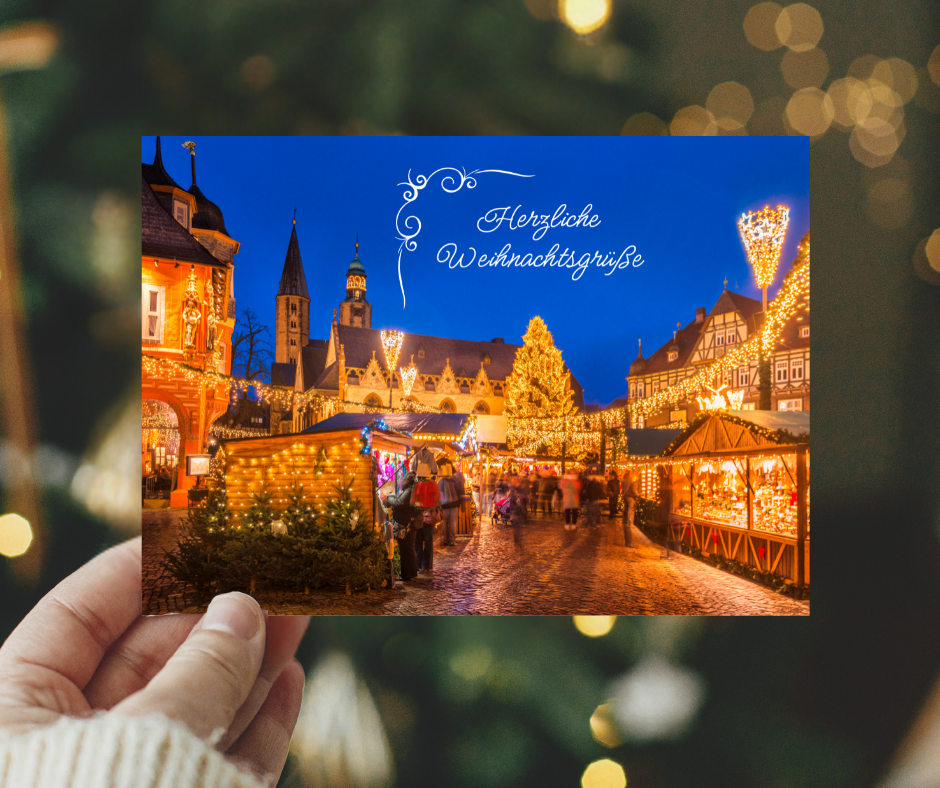 German Christmas Card - herzliche Weihnachtsgrüße Warm Christmas greetings at the Xmas market