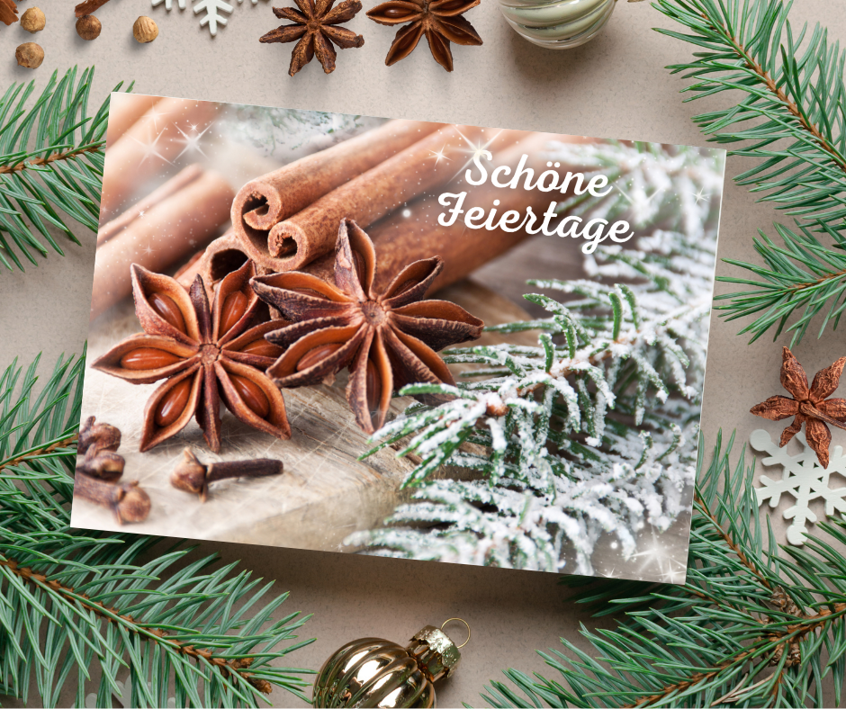 German Christmas Card - Schöne Feiertage Happy Holidays warm winter spices