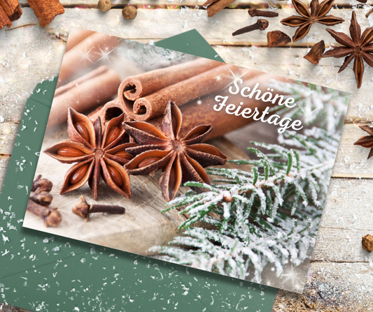 German Christmas Card - Schöne Feiertage Happy Holidays warm winter spices