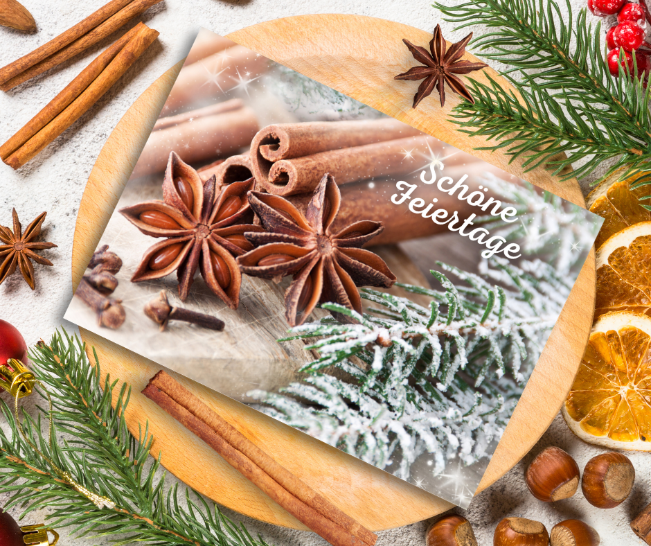 German Christmas Card - Schöne Feiertage Happy Holidays warm winter spices
