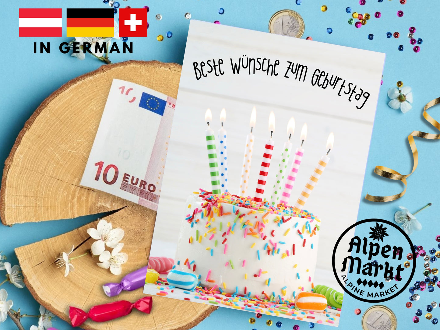 Cake with Candles German Birthday "Geburtstag" Greeting Card