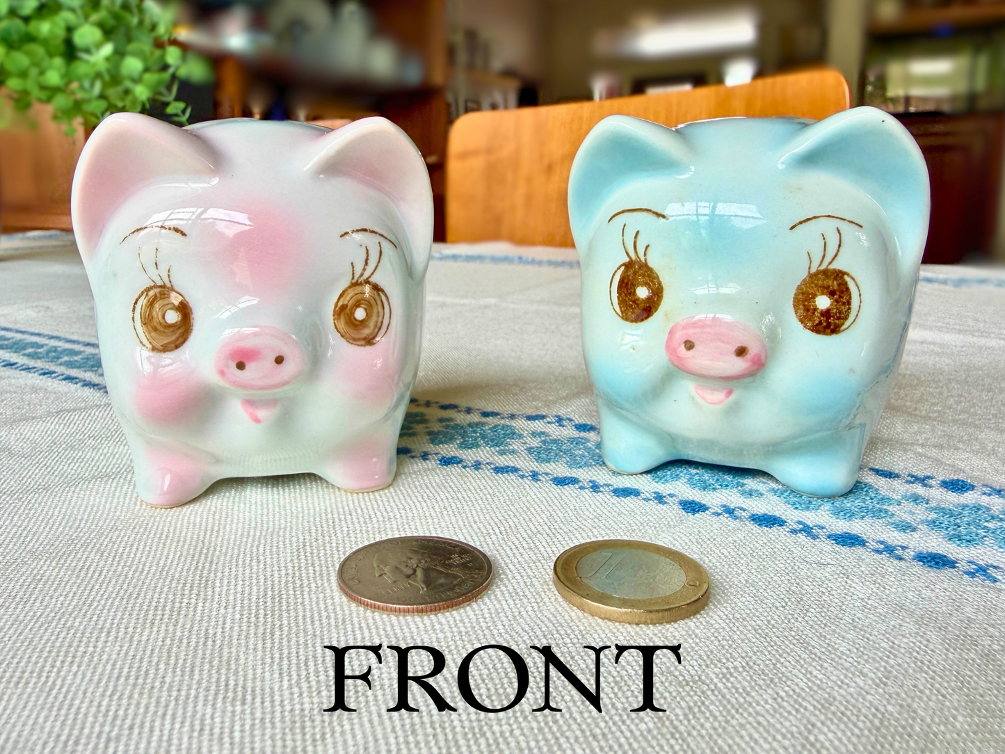 Vintage German Ceramic Piggy Banks - Pink & Blue Pair