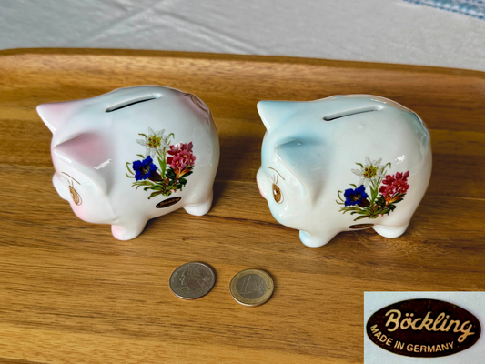 Vintage German Ceramic Piggy Banks - Pink & Blue Pair