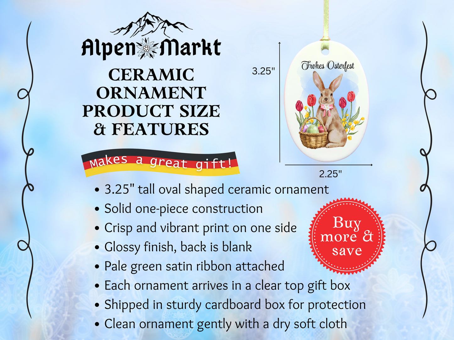 German Ceramic Easter Ornament with Bunny & Basket – Frohes Osterfest