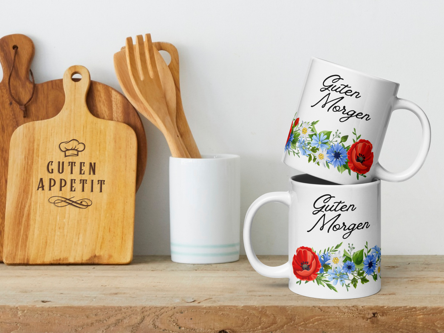 German Good Morning Mug “Guten Morgen” with Alpine flowers - white - 11 oz, 15 oz, 20 oz