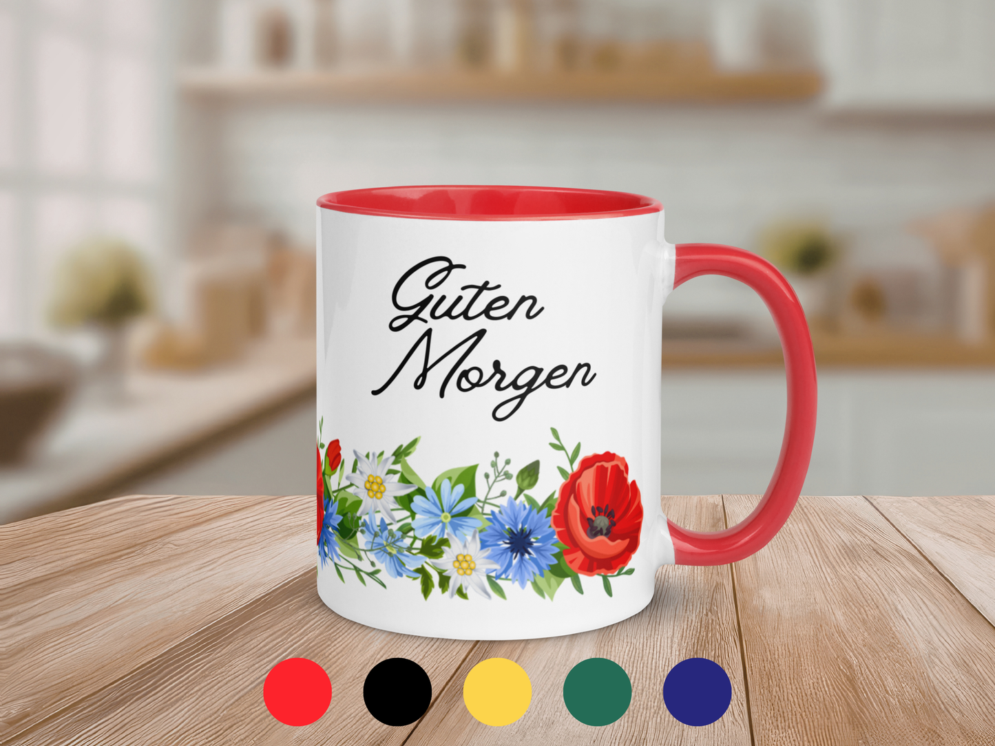 Mug with floral wraparound design of poppies, edelweiss, and blue cornflower. 'Guten Morgen' text with dots showing color options: red, black, yellow, green and blue.