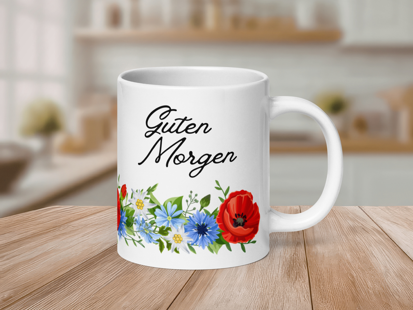 German Good Morning Mug “Guten Morgen” with Alpine flowers - white - 11 oz, 15 oz, 20 oz