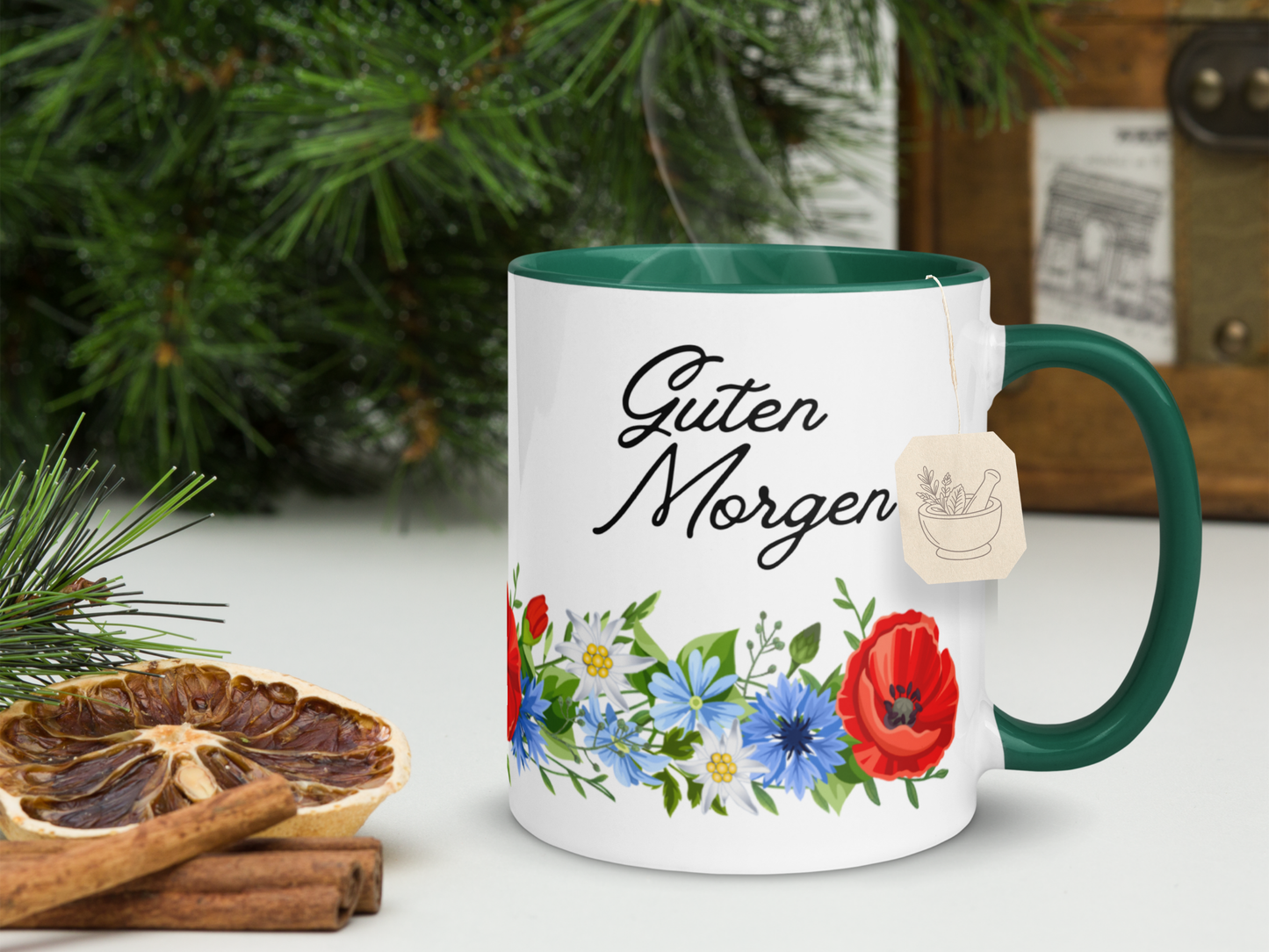 German Good Morning Mug “Guten Morgen” with Alpine flowers - 5 colors - 11 and 15 oz