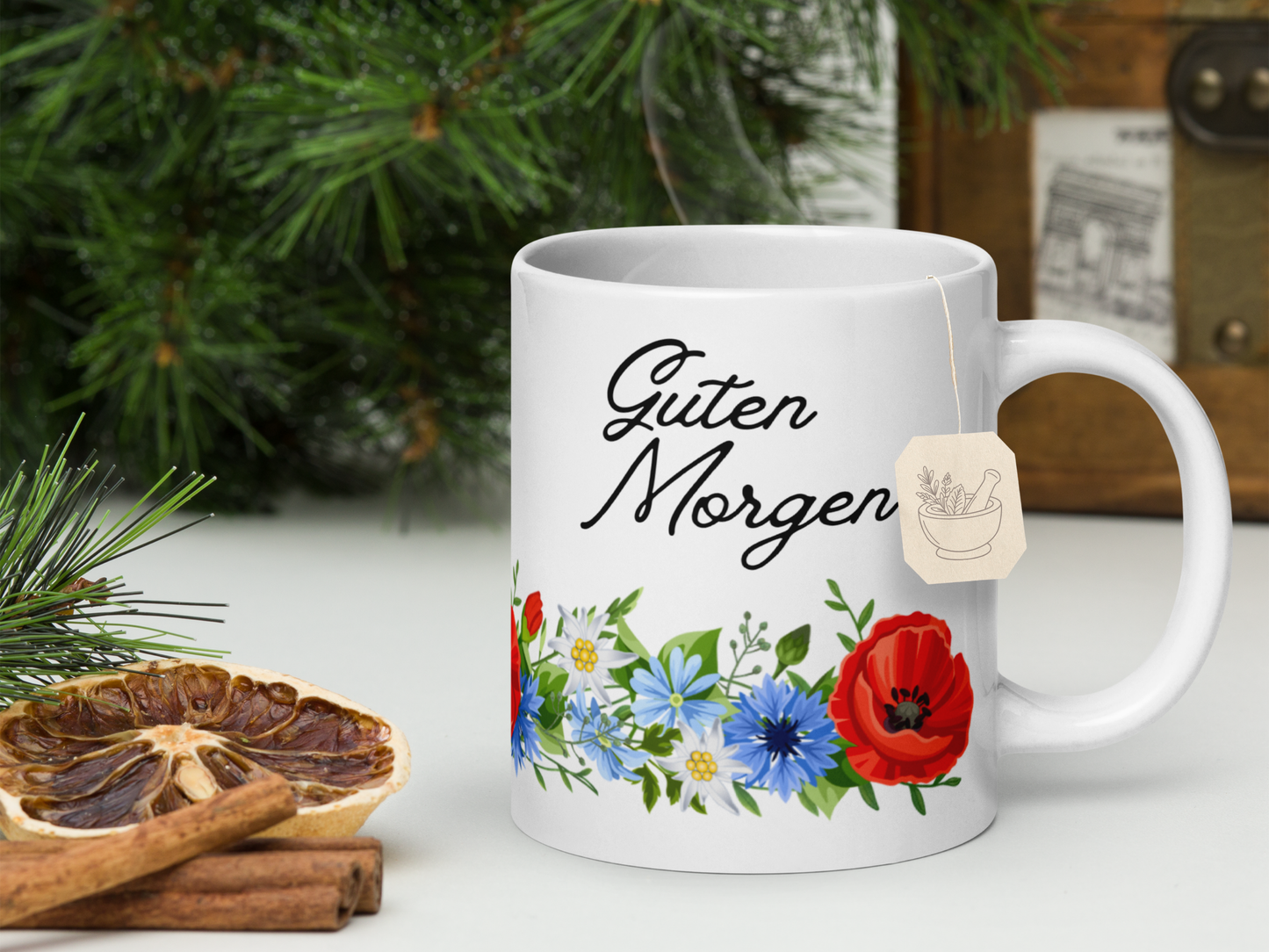 German Good Morning Mug “Guten Morgen” with Alpine flowers - white - 11 oz, 15 oz, 20 oz