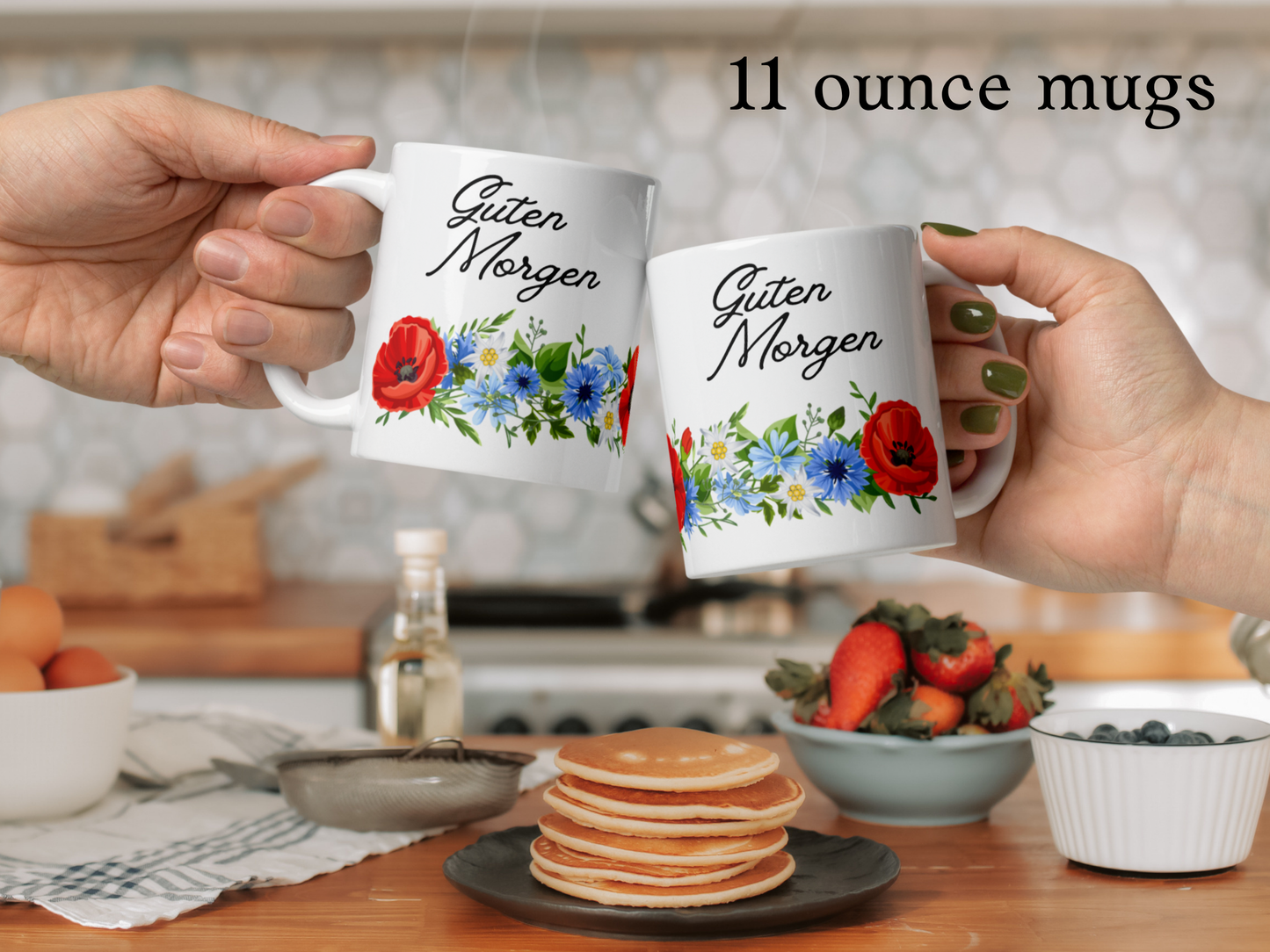 German Good Morning Mug “Guten Morgen” with Alpine flowers - white - 11 oz, 15 oz, 20 oz