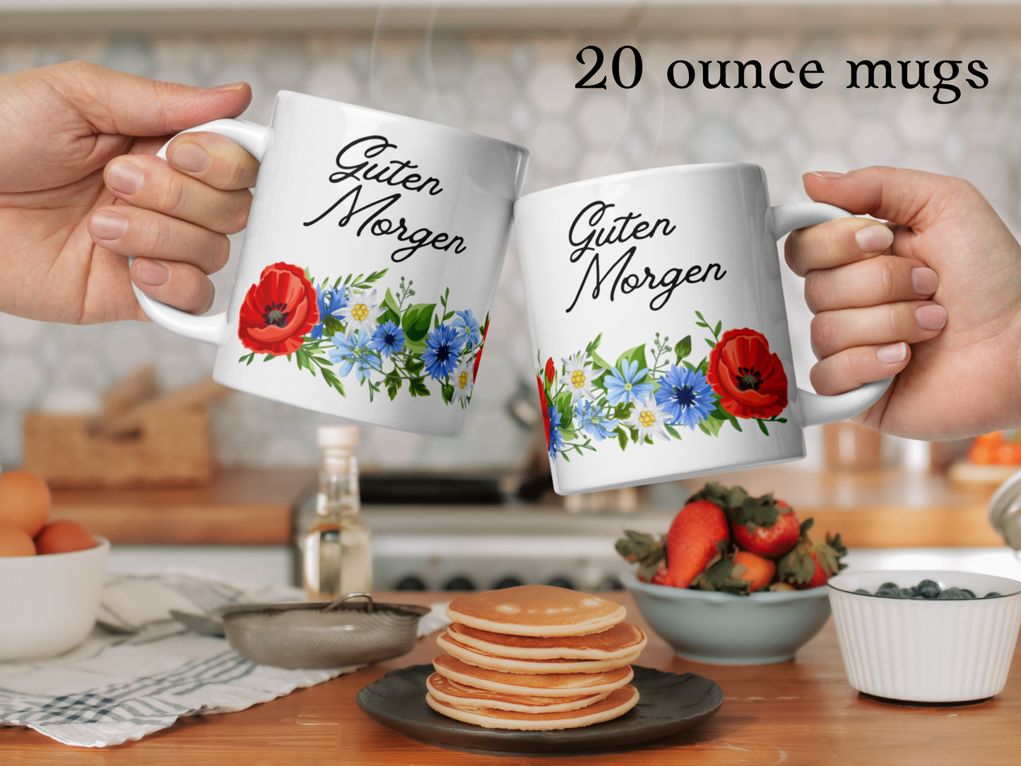 German Good Morning Mug “Guten Morgen” with Alpine flowers - white - 11 oz, 15 oz, 20 oz