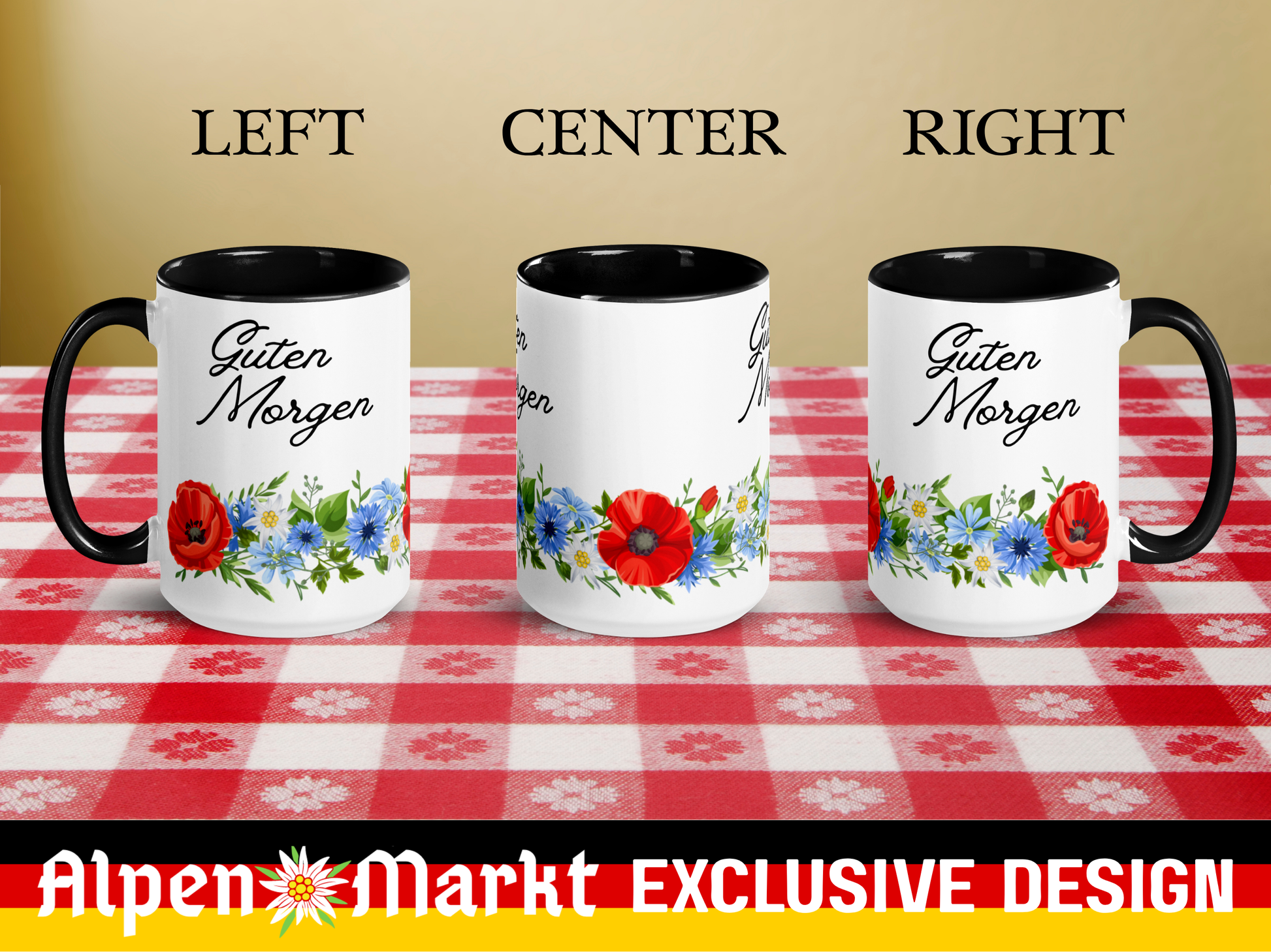Three mugs, left center and right, showing floral designs wraparound and 'Guten Morgen' text on both sides of mug.