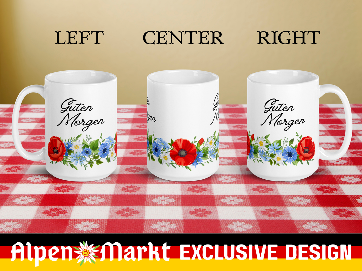German Good Morning Mug “Guten Morgen” with Alpine flowers - white - 11 oz, 15 oz, 20 oz