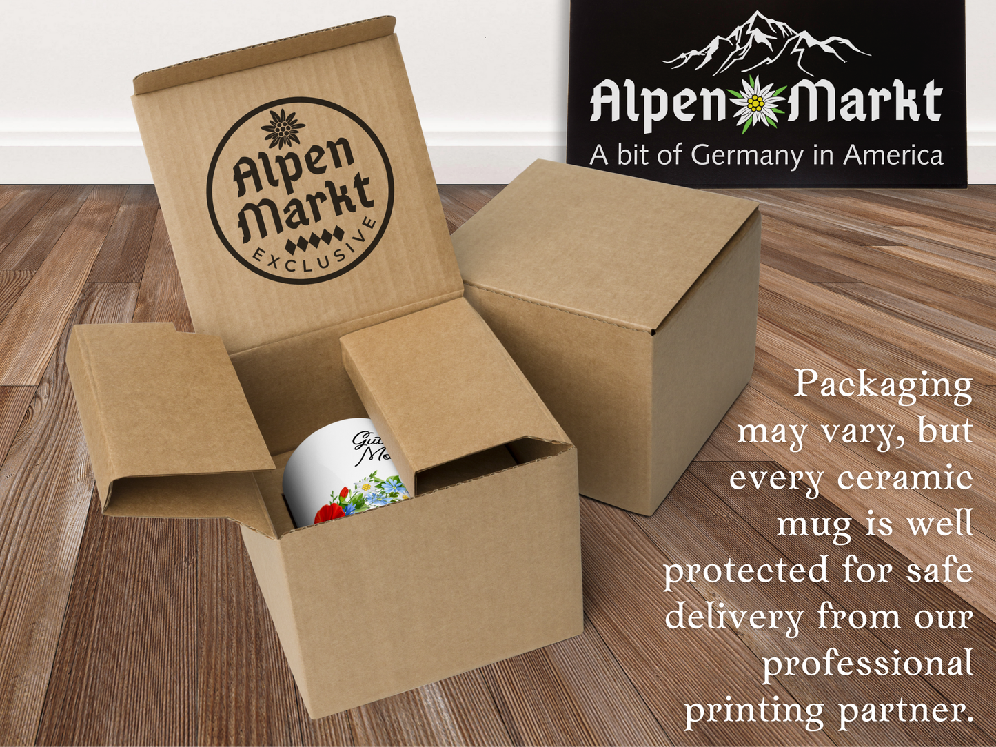 Brown cardboard box with Guten Morgen mug. Packaging
may vary, but every ceramic mug is well protected for safe delivery from our professional printing partner.