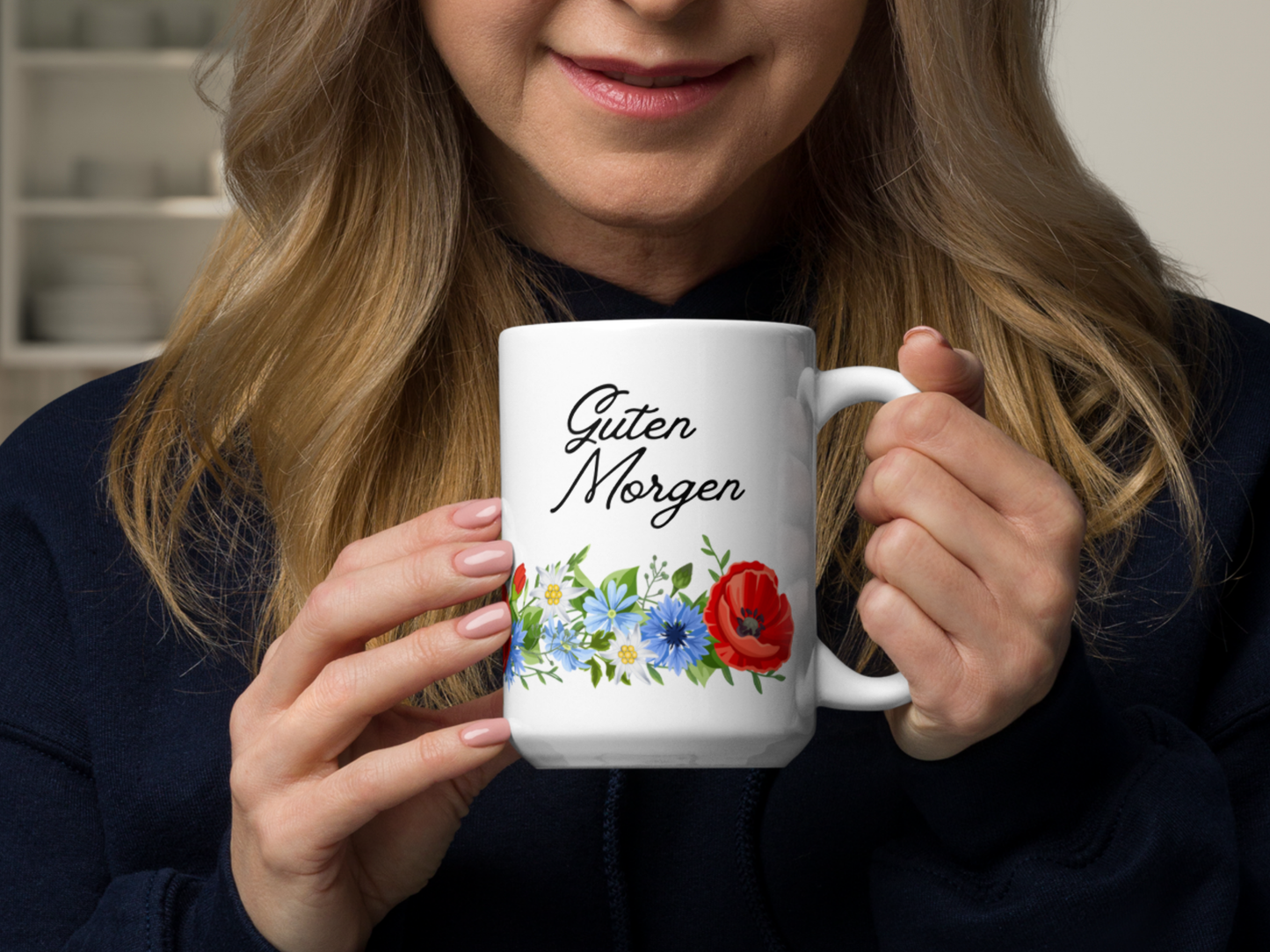 German Good Morning Mug “Guten Morgen” with Alpine flowers - white - 11 oz, 15 oz, 20 oz