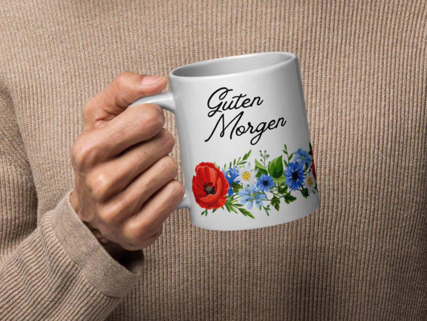 German Good Morning Mug “Guten Morgen” with Alpine flowers - white - 11 oz, 15 oz, 20 oz