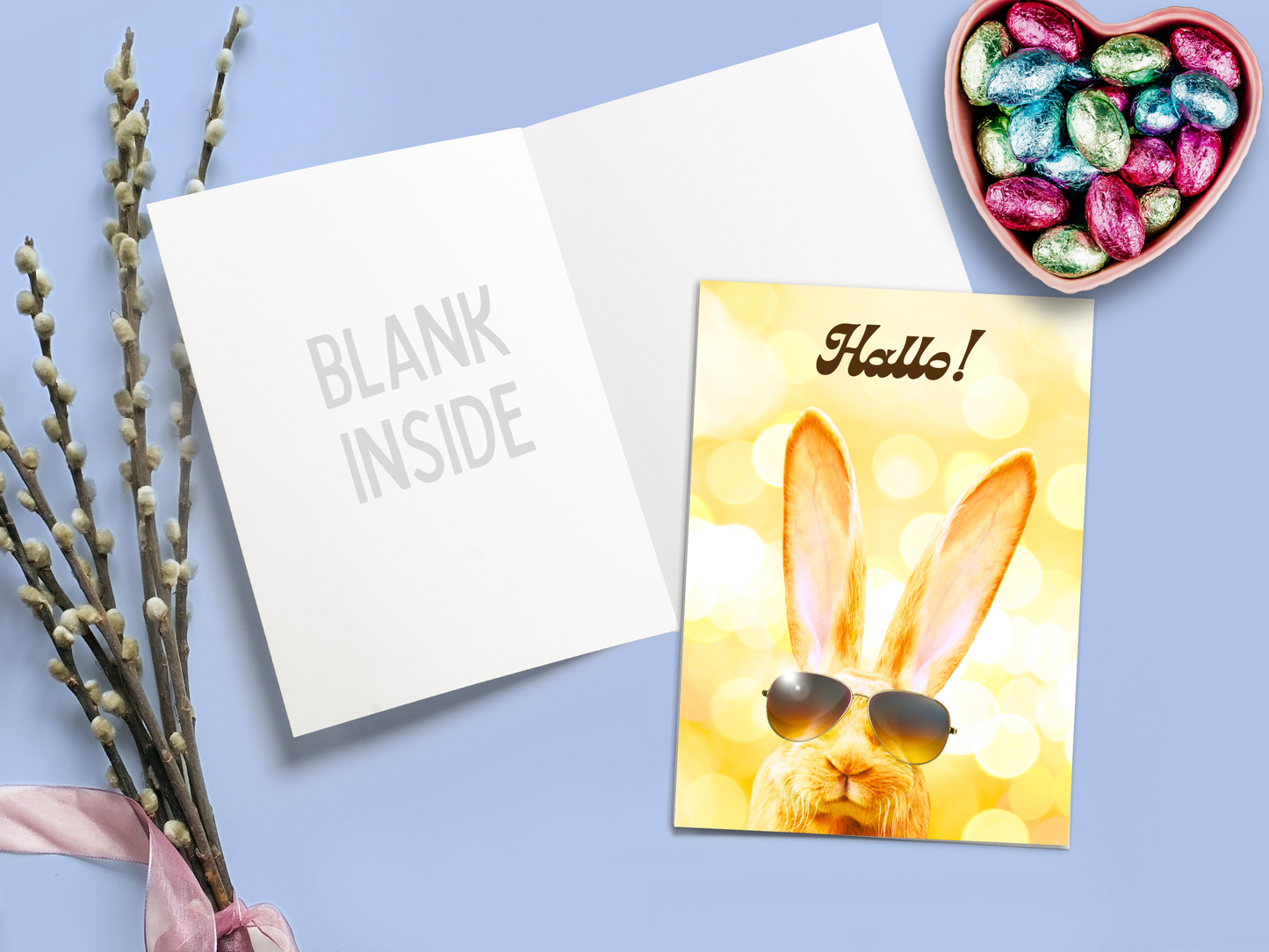 "Hallo!" German Easter card with Cool Rabbit