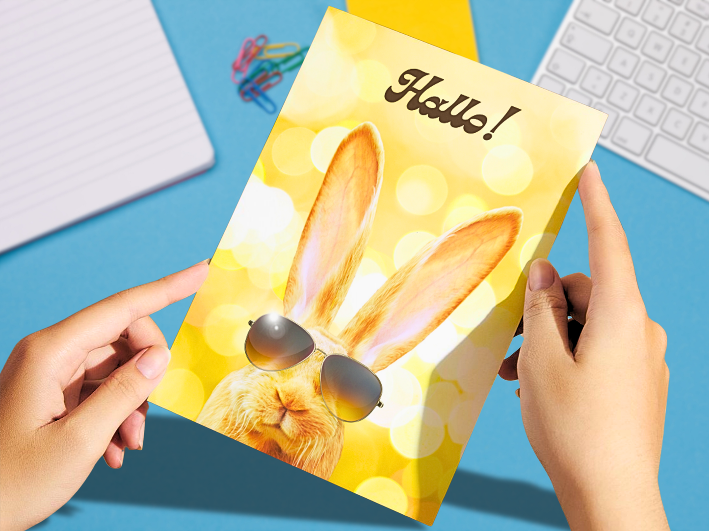 "Hallo!" German Easter card with Cool Rabbit