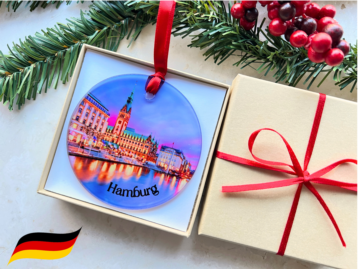 Hamburg Germany glass ornament with gift box