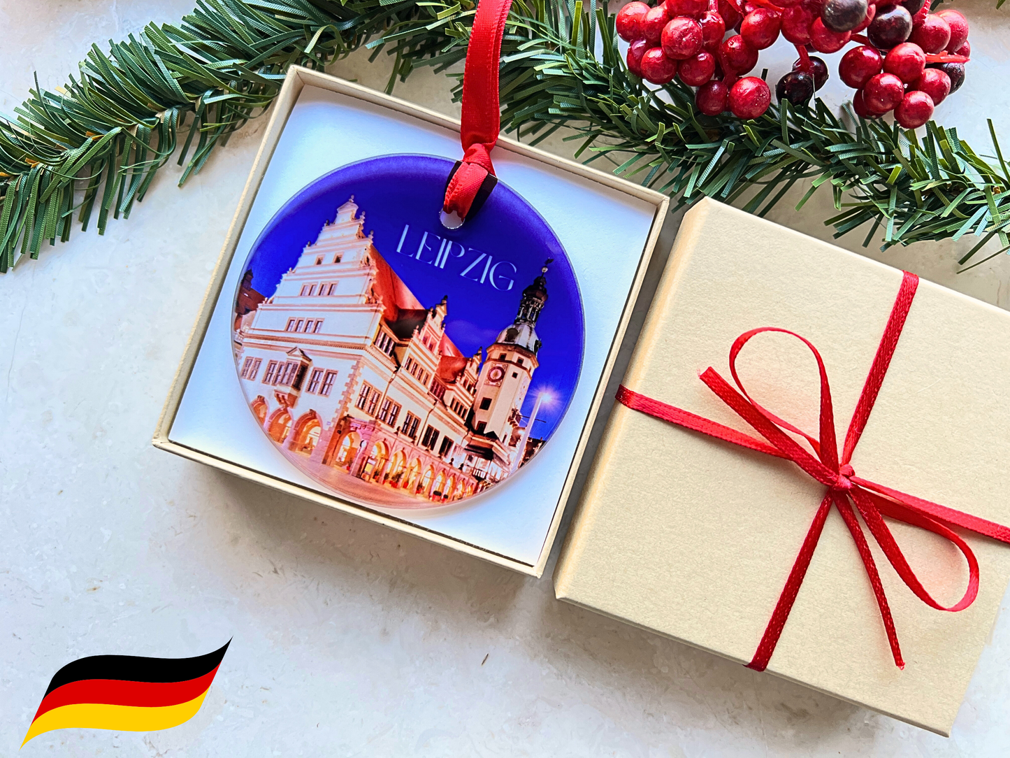 Leipzig Germany glass ornament with gift box