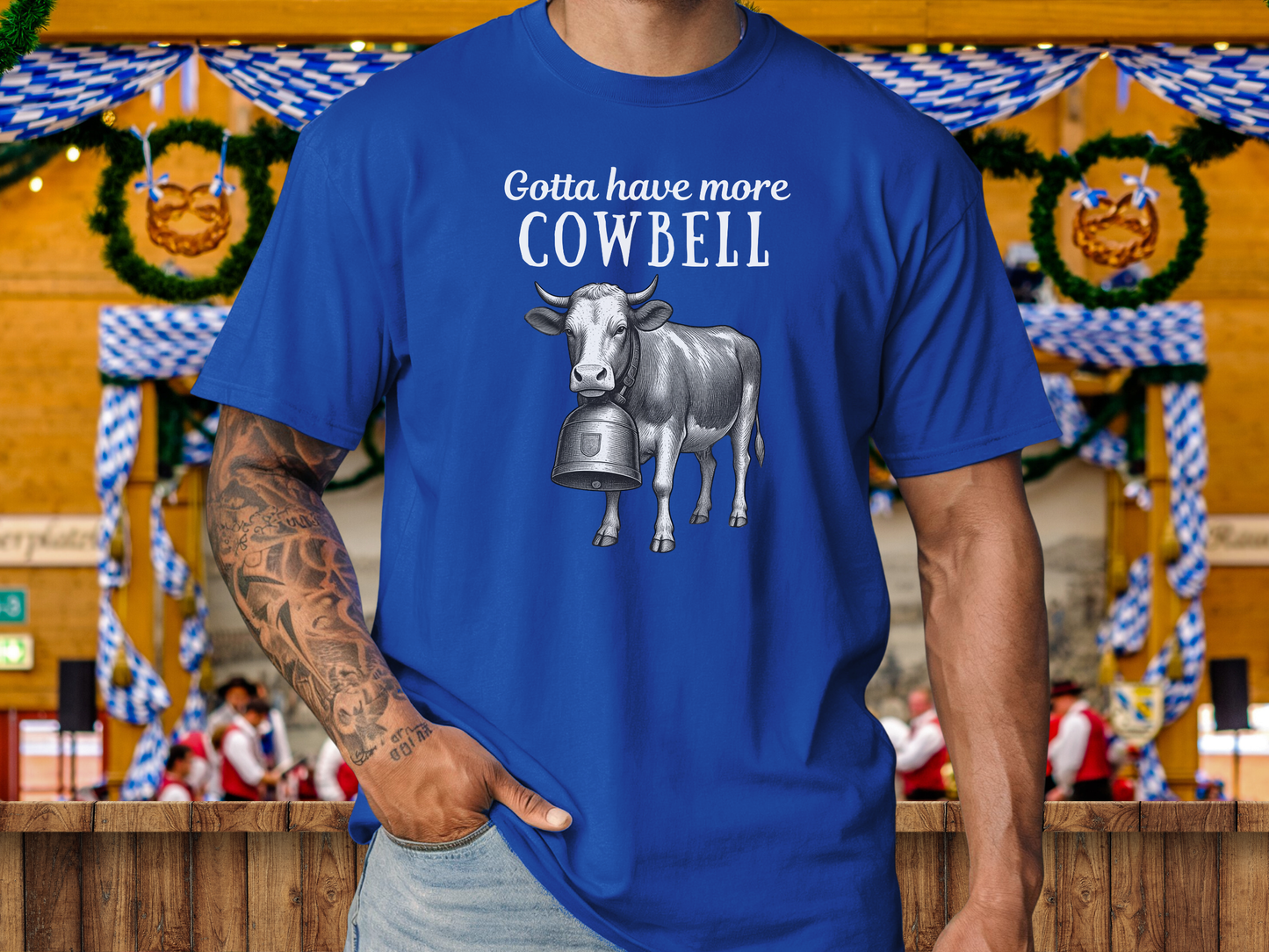 Gotta have more Cowbell - fun German shirt with cow wearing giant bell - for him