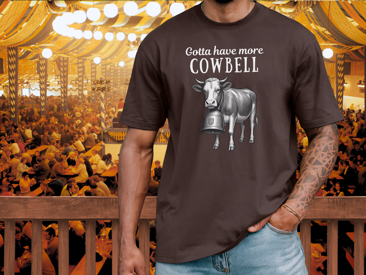 Gotta have more Cowbell - fun German shirt with cow wearing giant bell - for him