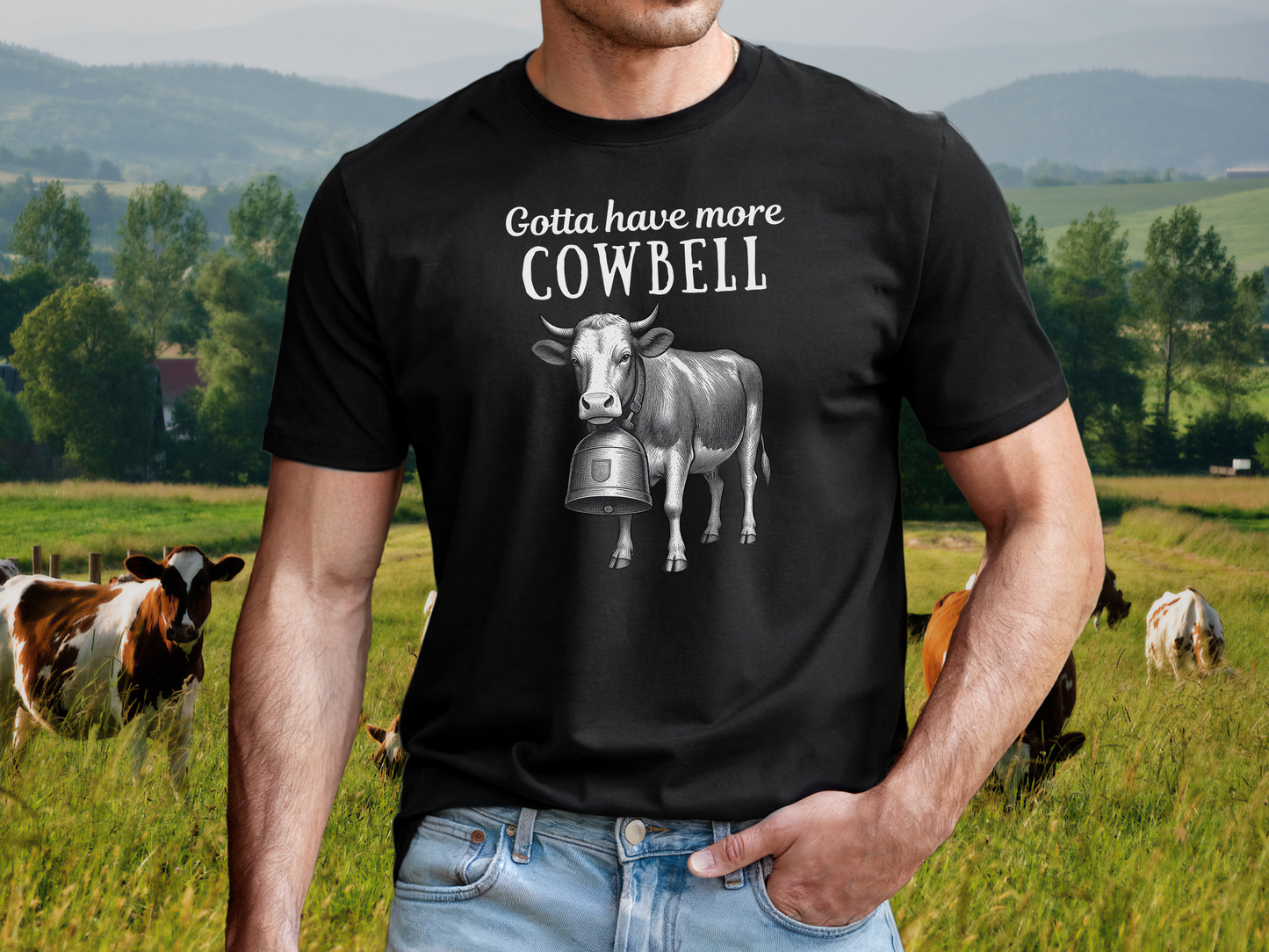 Gotta have more Cowbell - fun German shirt with cow wearing giant bell - for him