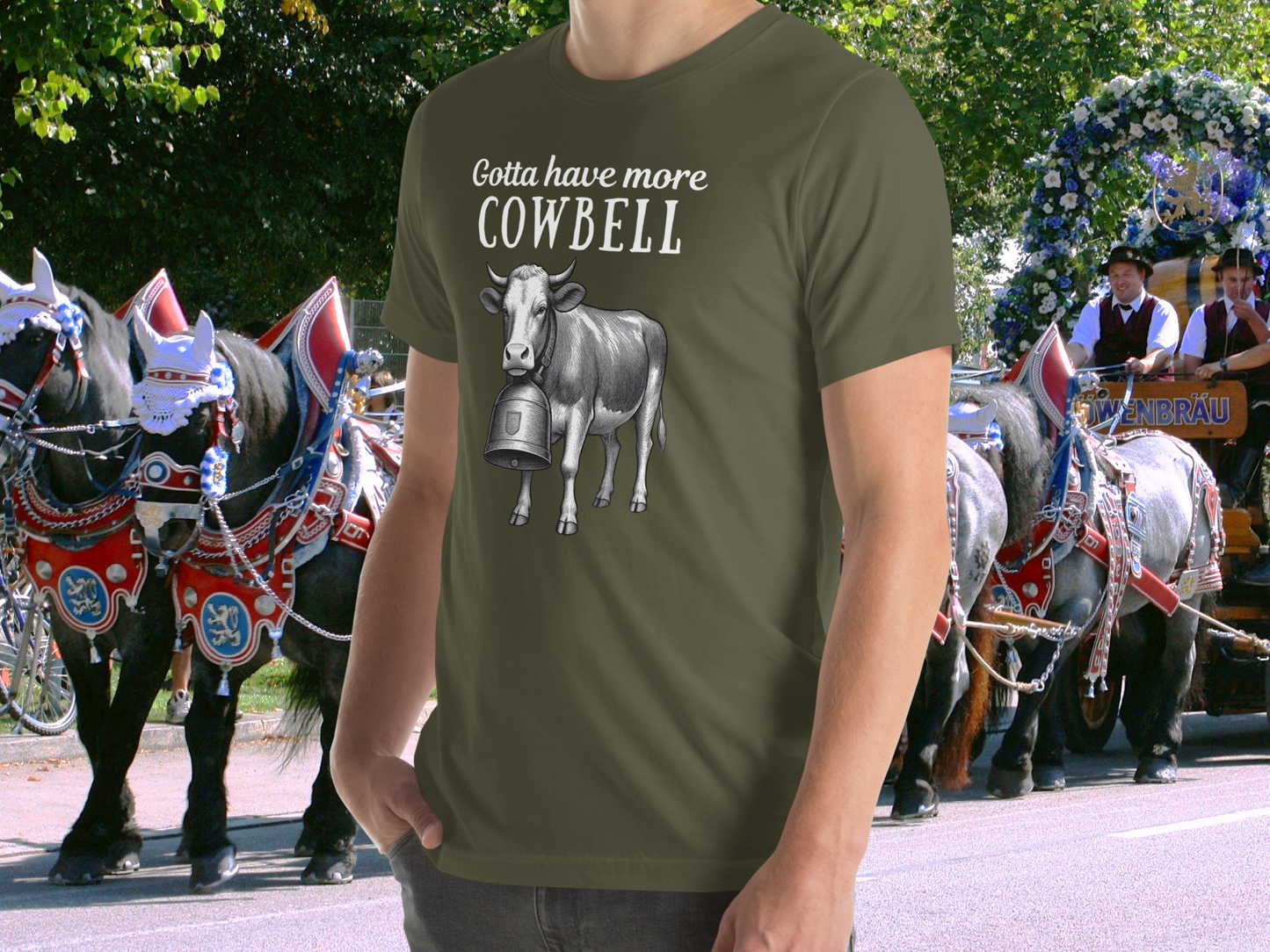 Gotta have more Cowbell - fun German shirt with cow wearing giant bell - for him