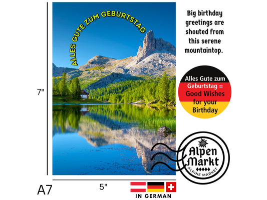 German Birthday card with Alpine mountain and cabin scene "Alles Gute zum Geburtstag"