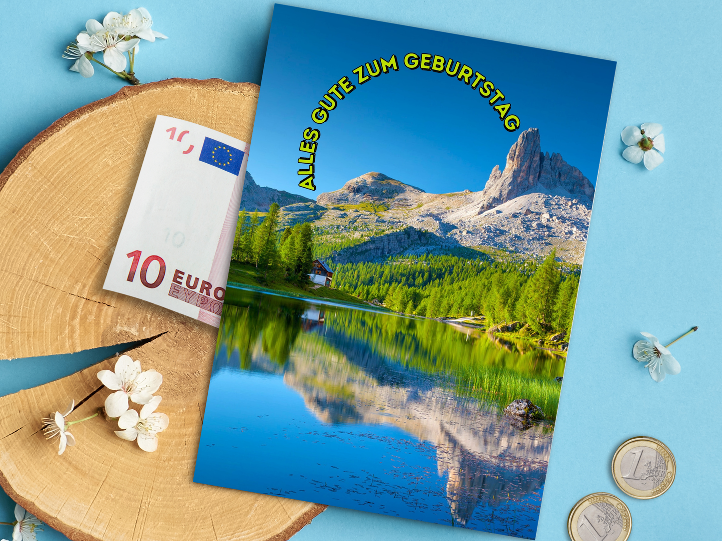 German Birthday card with Alpine mountain scene "Alles Gute zum Geburtstag"