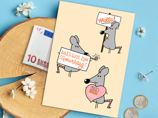 Mouse with Birthday Signs "Geburtstag" Greeting Card