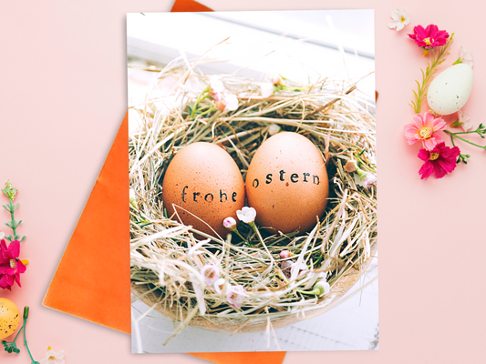 Eggs in nest "Frohe Ostern" rustic German Easter card