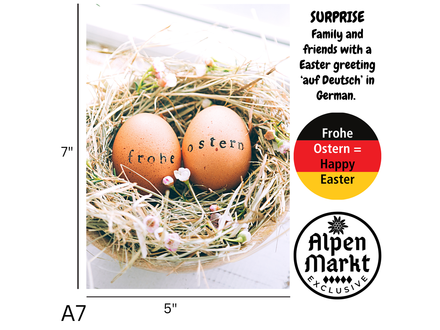 Eggs in nest "Frohe Ostern" rustic German Easter card