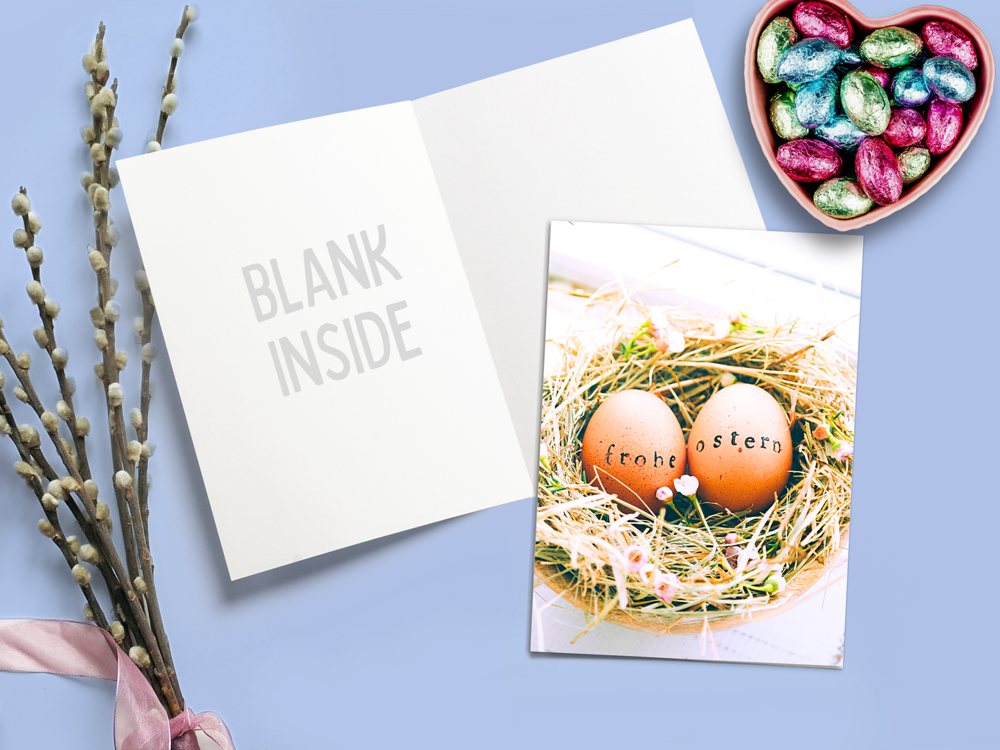 Eggs in nest "Frohe Ostern" rustic German Easter card