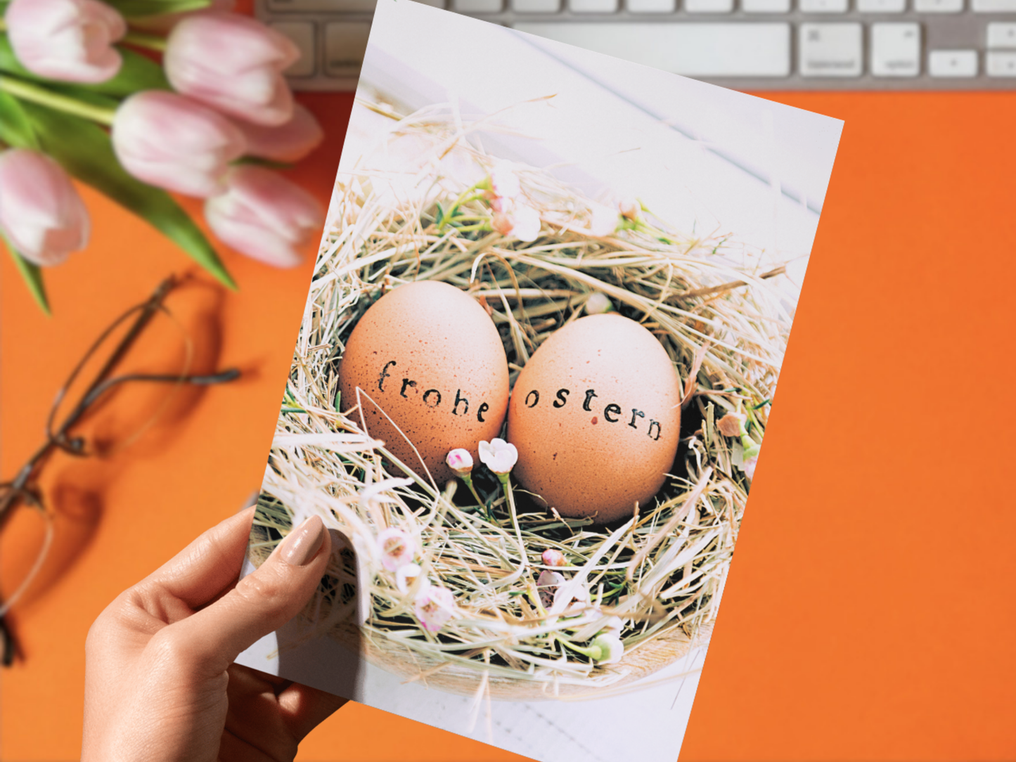 Eggs in nest "Frohe Ostern" rustic German Easter card