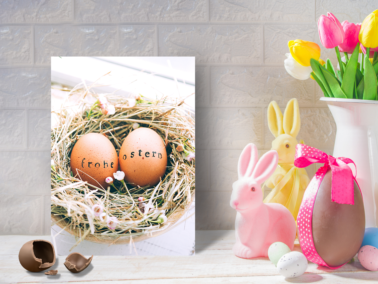 Eggs in nest "Frohe Ostern" rustic German Easter card