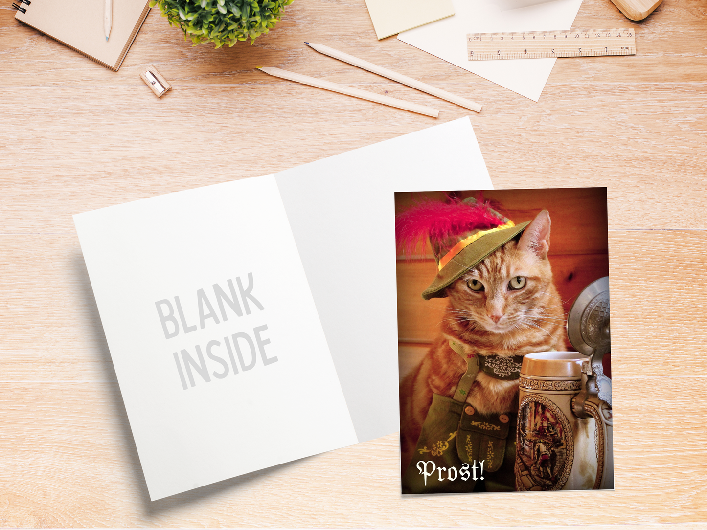 Prost! Cat in Lederhosen with Beer Funny Greeting Card