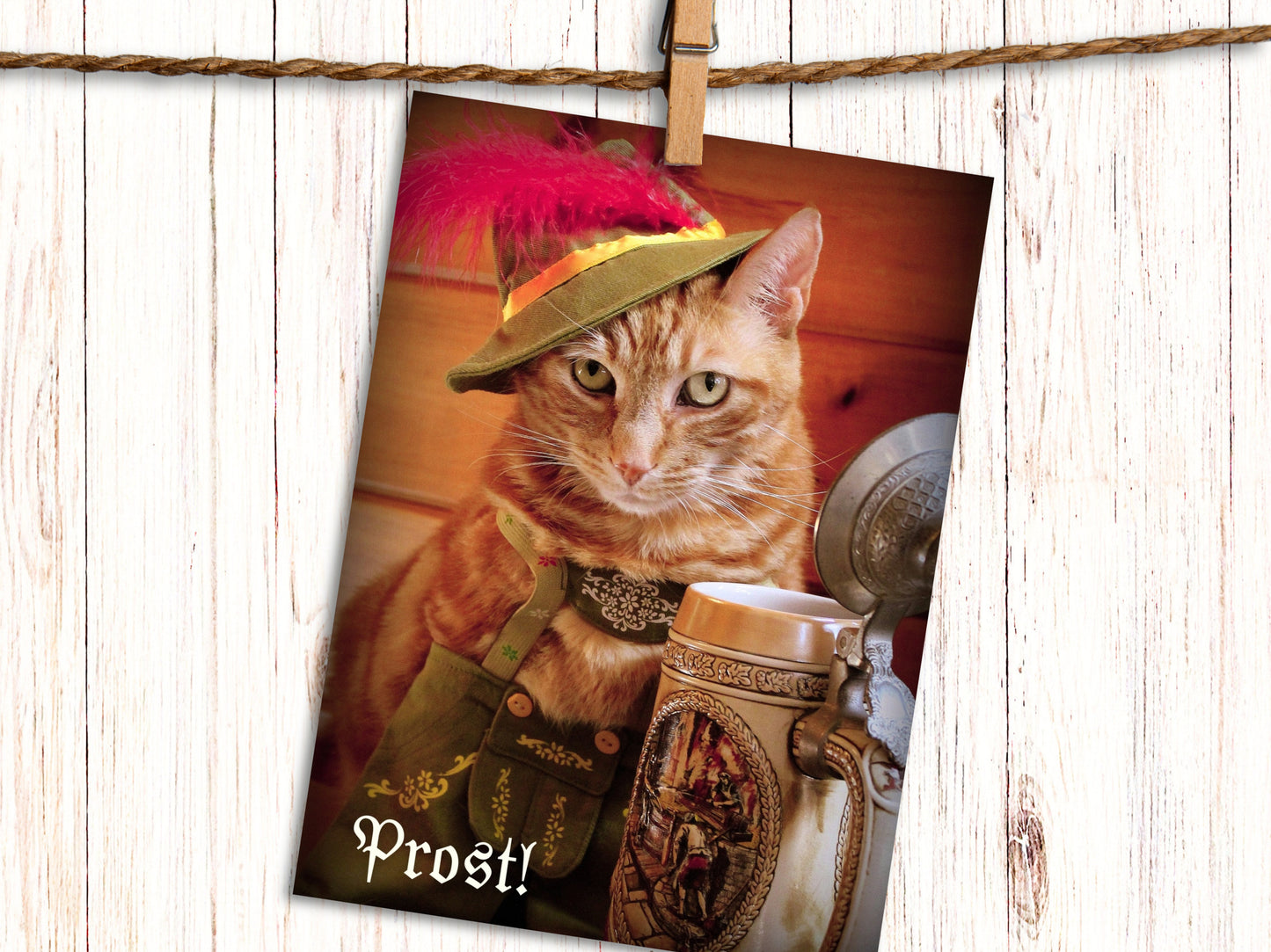 Prost! Cat in Lederhosen with Beer Funny Greeting Card